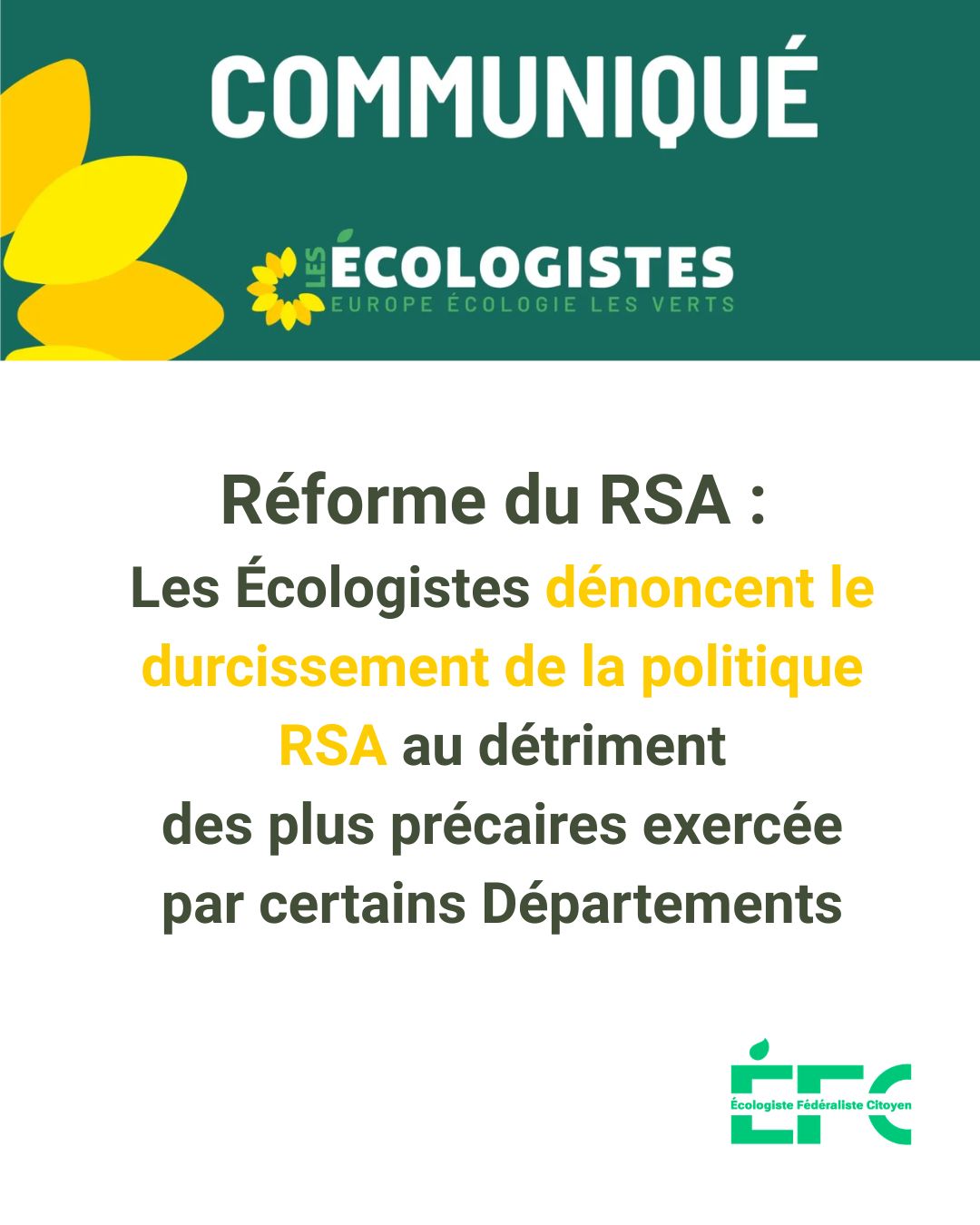 Réforme du RSA : Les Écologistes dénoncent le durcissement de la politique RSA exercée par certains Départements