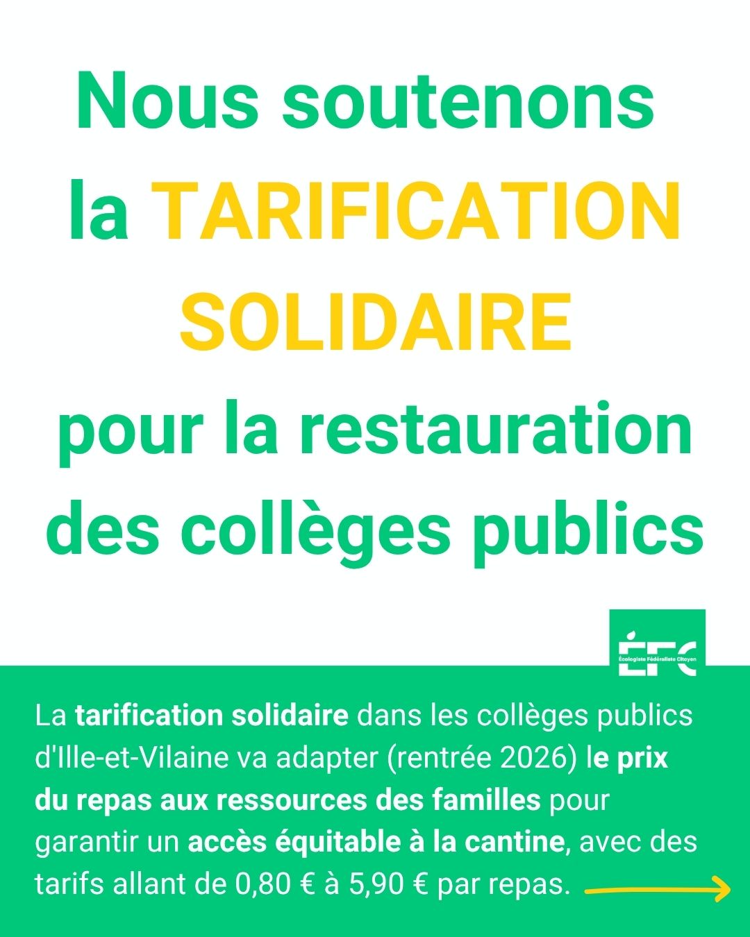 Nous soutenons la TARIFICATION SOLIDAIRE pour la restauration des collèges publics